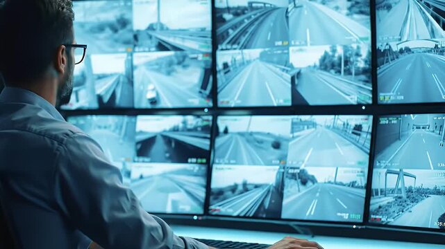 Male operator monitors live road traffic surveillance on multiple screens in a modern control room managing smart city transportation and security systems