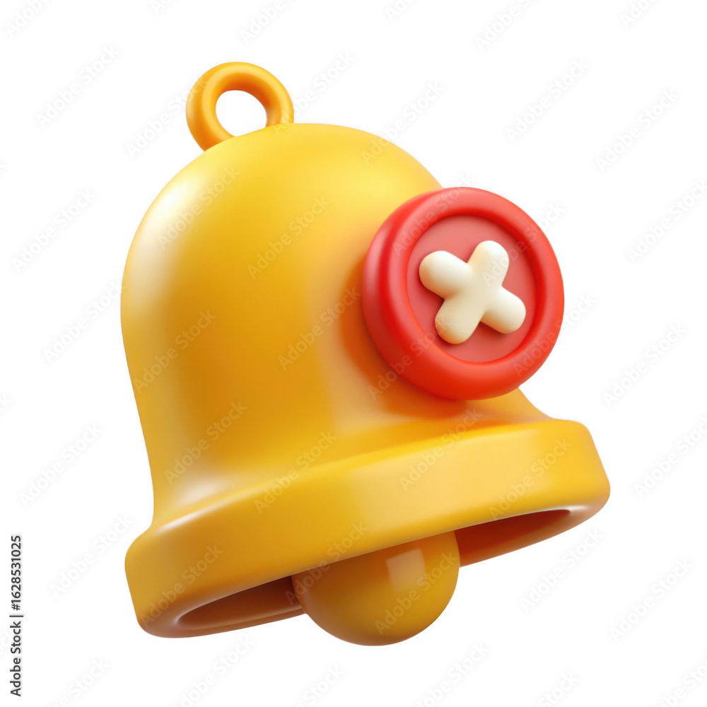Poster bright yellow notification bell icon with red close button isolated on transparent background