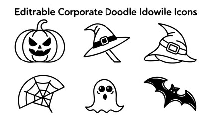 Collection of editable corporate doodle icons featuring halloween symbols like pumpkins witches hats ghosts bats and spiderwebs
