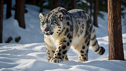 Obraz premium Snow Leopard stalking prey in the shadows of a pine forest 