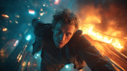 Intense action portrait of a man against cinematic blockbuster blazing explosion and neon city lights at night