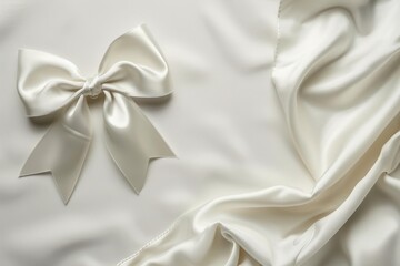 Elegant white satin bow on a delicate, draped silk fabric background