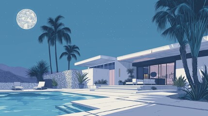 Mid-century modern hotel courtyard with swimming pool, retro flat illustration style, full moon night scene