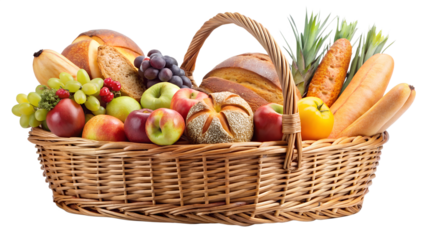 A wicker basket filled with a variety of fresh fruits, vegetables, and breads isolated on transparent background, a healthy and delicious harvest