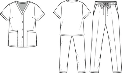 Medical scrubs CAD drawing, flat vector illustration, detailed nurse uniform design, professional healthcare clothing template, hospital apparel sketch, clinical wear