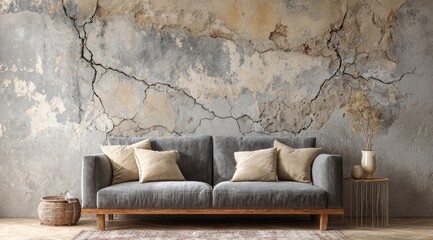Gray sofa against a textured, cracked wall