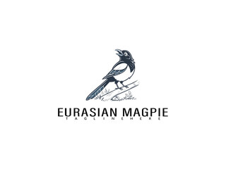 Eurasian Magpie perched on a curving branch with floating leaves and delicate hearts in cartoon style, perfect for eco-friendly merchandise branding and nature artwork.

