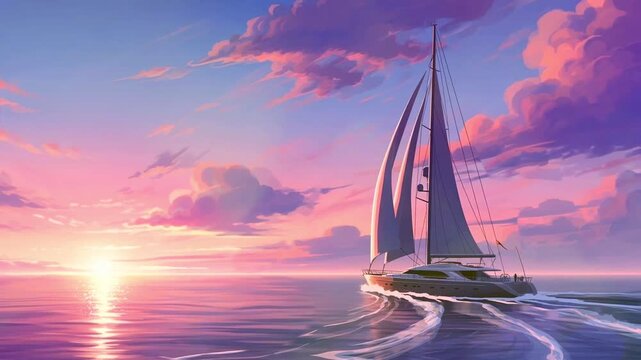 Sailboat Glides on Calm Ocean Water During Pink Sunset Sky Reflects on Sea with Soft Clouds and Warm Lighting