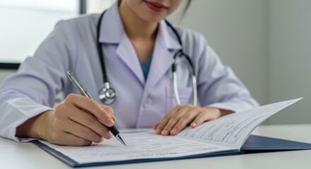 Female Doctor in White Coat Writing on a Medical Chart at Her Desk
