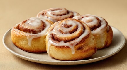 Four cinnamon rolls, glazed, on a plate