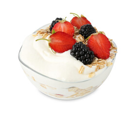 Tasty yogurt with granola and berries in bowl isolated on white