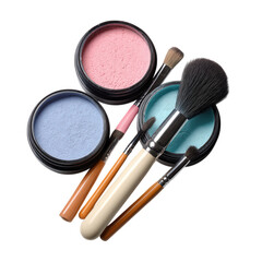 Assortment of colorful cosmetic powders and makeup brushes for beauty application isolated on transparent background