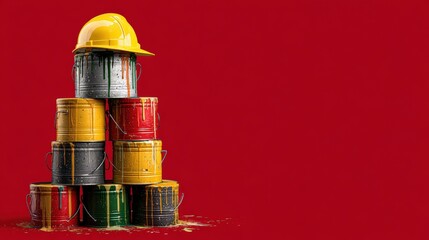 Creative holiday decoration made from stacked metal paint buckets with festive colors and a hard hat on top