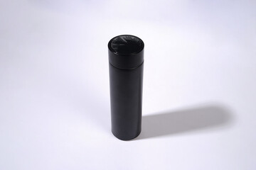 Sleek and Modern Black Thermos Bottle on a White Background