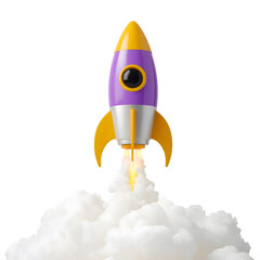 Purple and yellow rocket launching with smoke isolated on transparent background