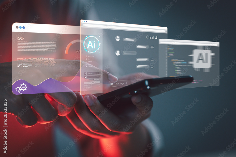 Fototapete concept of chat with ai. hands holding a smartphone with ai interface screens, illustrating artifici