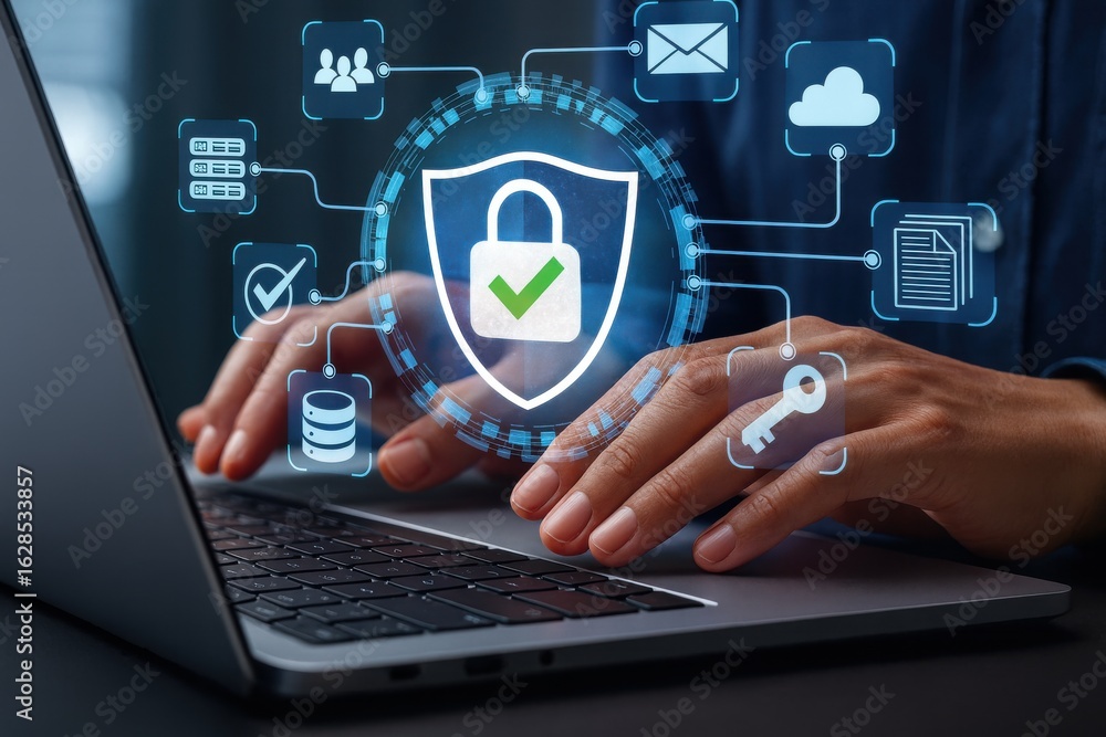 Poster cybersecurity concept,secure access with data protection,firewall encryption,network safety technolo
