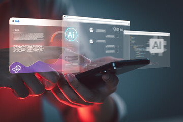 concept of chat with AI. Hands holding a smartphone with AI interface screens, illustrating...