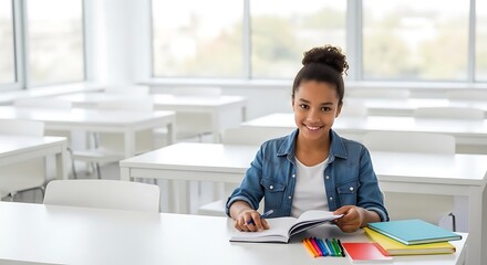 A smiling student studies at a white desk in a bright classroom with books and marker pens nearby