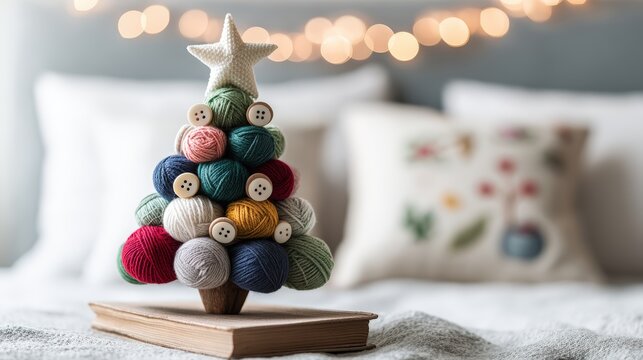 Christmas tree crafted from colorful yarn balls, crochet hooks, and sewing spools stands on a book, topped with a soft star pillow. Christmas banners add festive flair.