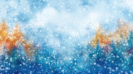 Obraz premium A snowy mountain landscape with trees covered in snow. The sky is blue and cloudy, and the snow is falling, A wonderful winter scene with trees covered in snow and falling snowflakes