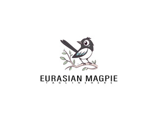 Fototapeta premium Adorable cartoon Eurasian Magpie perched on a leafy branch with hearts, perfect for birdwatching journals, eco-friendly logos, or whimsical nature-themed illustration collections.