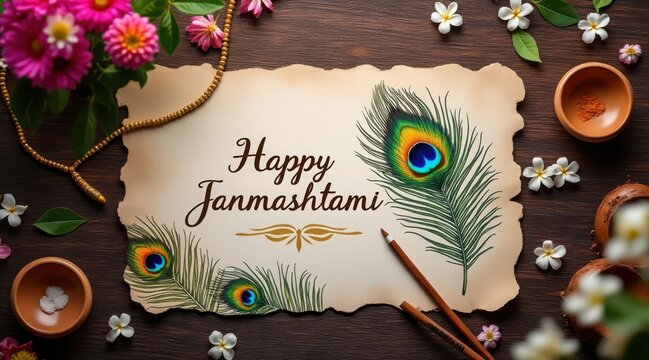 Happy janmashtami celebration with flowers and peacock feathers on wood