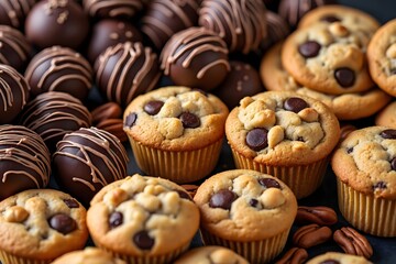 Assortment of Chocolate Truffles and Chocolate Chip Muffins