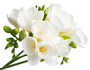 Delicate white freesia flowers on a transparent background