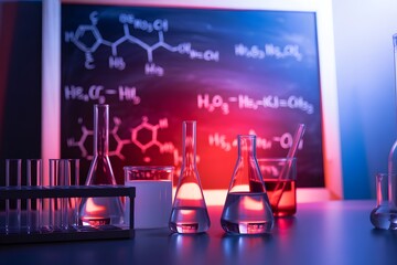Laboratory Science in Vibrant Hues: An evocative image of a chemistry laboratory, alive with glowing beakers, test tubes, and scientific diagrams, with a chalkboard background.