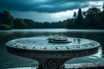 Ornate stone table with compass by lake during rain