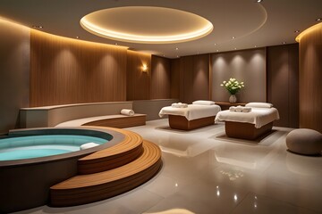 Luxurious spa room with jacuzzi and massage beds hot tub