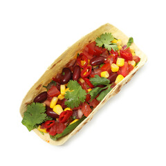 Tasty vegetarian taco with beans and vegetables isolated on white, top view