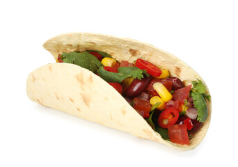 Tasty vegetarian taco with beans and vegetables isolated on white