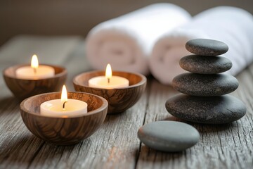 Three lit candles in wooden bowls with stacked stones and rolled towels