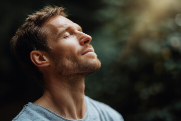 Fototapeta premium Relaxed man enjoying peaceful moment outdoors with eyes closed and serene expression in soft natural light
