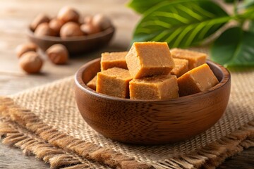 Wooden bowl of caramel fudge cubes with hazelnuts sweet