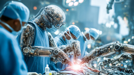 Robotic surgery in action, depicting a high-tech medical procedure performed by advanced robots.