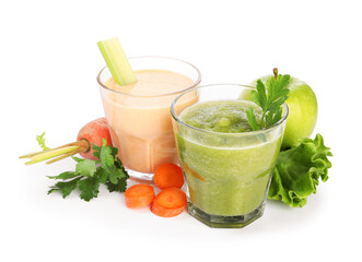 Superfood. Tasty smoothies in glasses and ingredients isolated on white