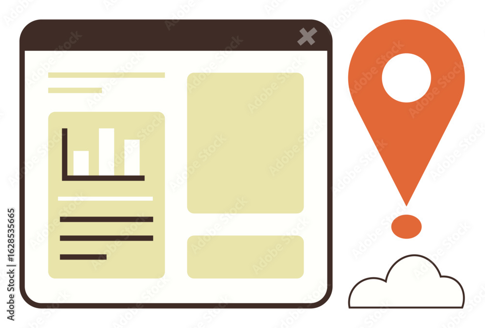 Poster data dashboard featuring bar chart, text fields, orange map pin, and cloud icon. ideal for analytics
