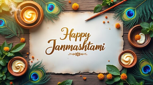 Happy janmashtami greeting card with candles, peacock feathers, and leaves