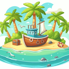 Cartoon-style illustration depicts a tropical island with a wooden ship, palm trees, and a treasure chest on the beach, surrounded by water and a blue sky.