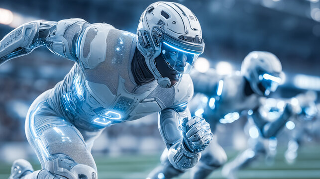 Futuristic football players race across the field in glowing, high-tech gear.