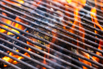 Burning wood and fire flames. Empty hot charcoal barbecue grill with bright flame