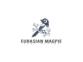 Whimsical Eurasian Magpie perched on a fine branch with floral and love heart icons in cartoon style, perfect for sweet romantic greeting cards or children's wildlife themes.

