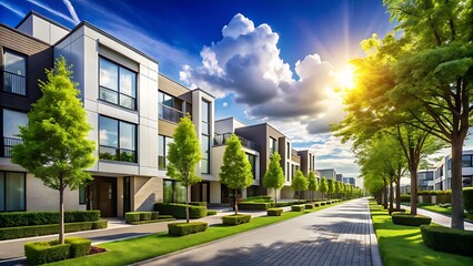 Row of modern townhouses with manicured landscaping and trees lining the street on a sunny day