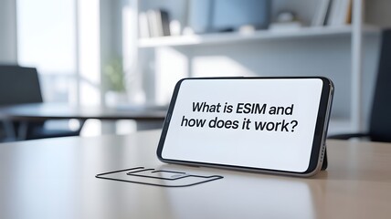 A modern smartphone on an office desk displaying information about eSIM technology, with a traditional physical SIM card for comparison.