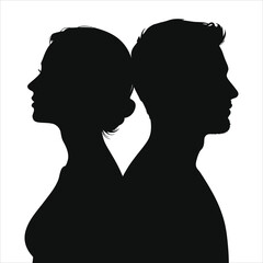 Couple silhouette in conflict. Man and woman profiles back to back, looking apart. Concept for relationship problems, disagreement, divorce, or separation. Minimalist vector illustration.