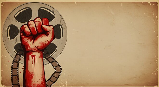 Powerful fist rising with film reel symbolizes cinema revolution