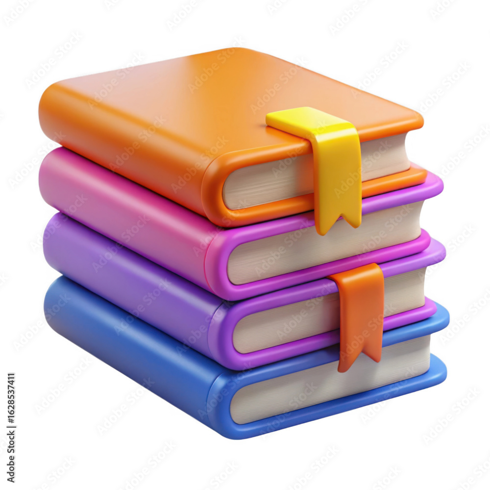 Poster stack of four colorful books with ribbons isolated on transparent background